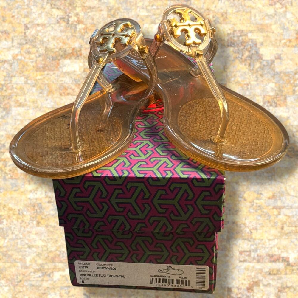 Women's Size 5 TORY BURCH Mini Miller Flip Flop Sandals Tan Clear Jelly EUC IOB